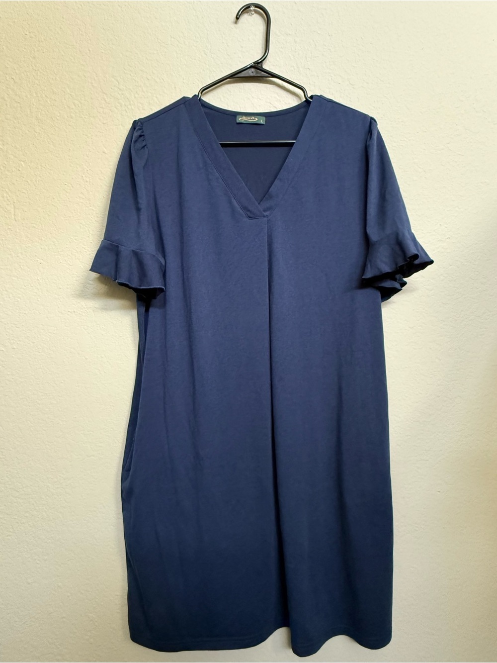 Navy V-Neck Midi Dress with Ruffle Sleeves